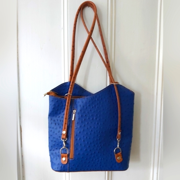 Borse in Pelle Italian Ostrich Leather Tote/Backpack Royal Blue and Tan - Picture 6 of 14